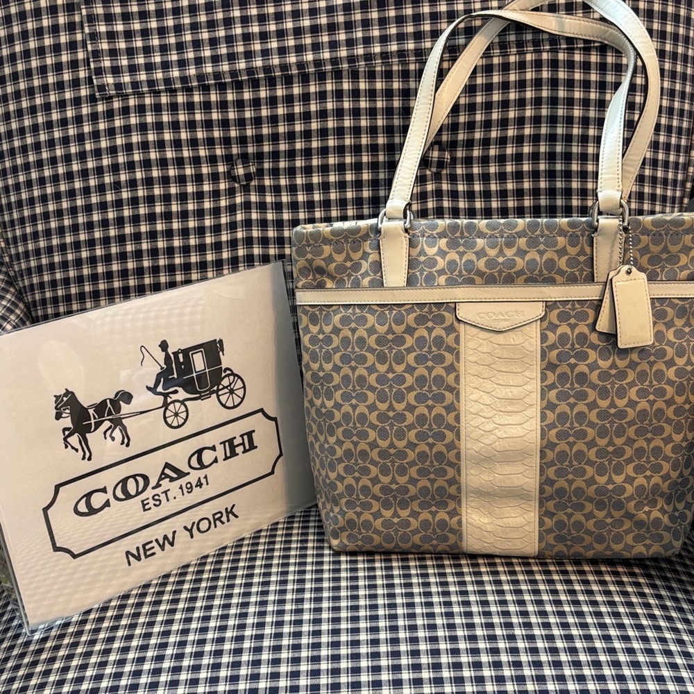 Coach signature stripe Jacquard  Blue and Cream Patterned Tote